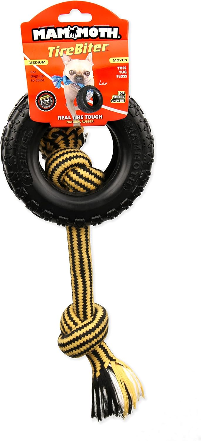 Mammoth Tire Biter ll With Rope - Rubber Dog Toys - The Family Pet - Small - 746772350041