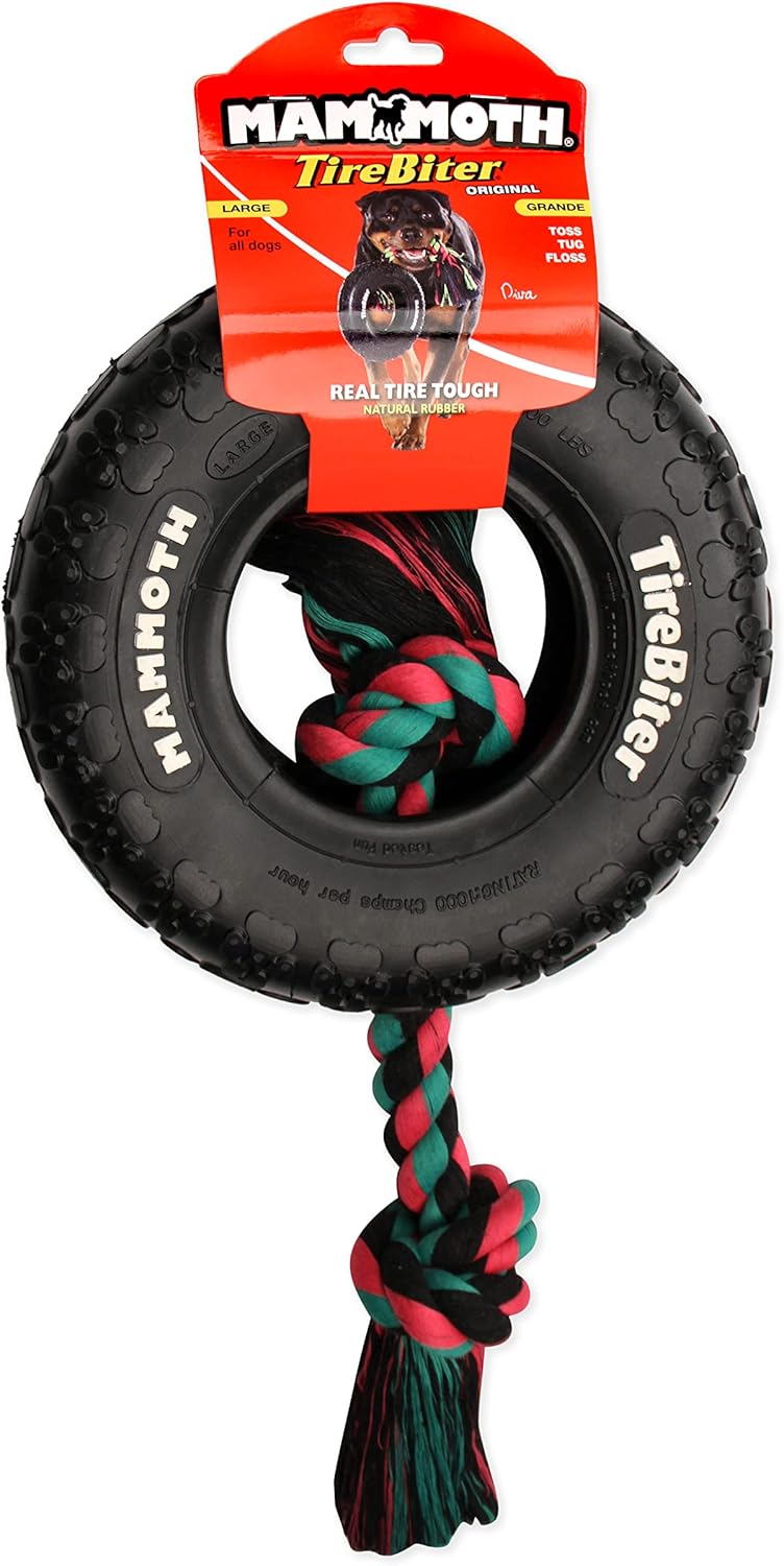 Rubber Dog Toys Tire Biter 10 Inch With Rope ๐
