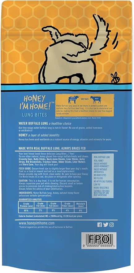 Dog Treats Buffalo Lung Bites Honey 3.1 Oz 🦬