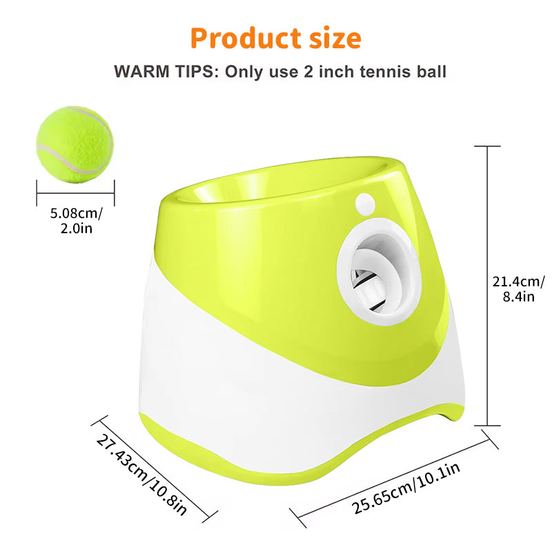 Rechargeable automatic tennis ball launcher for pets. Includes 3 balls, promotes interactive play.