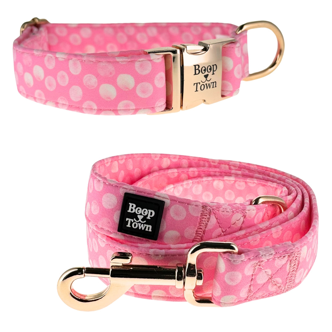 Dog Collar Leash Set Pink Polka Dot Pattern 5.5 Oz 🩷