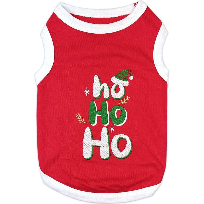 Ho Ho Ho Christmas Holiday Red Embroidered Dog T Shirt