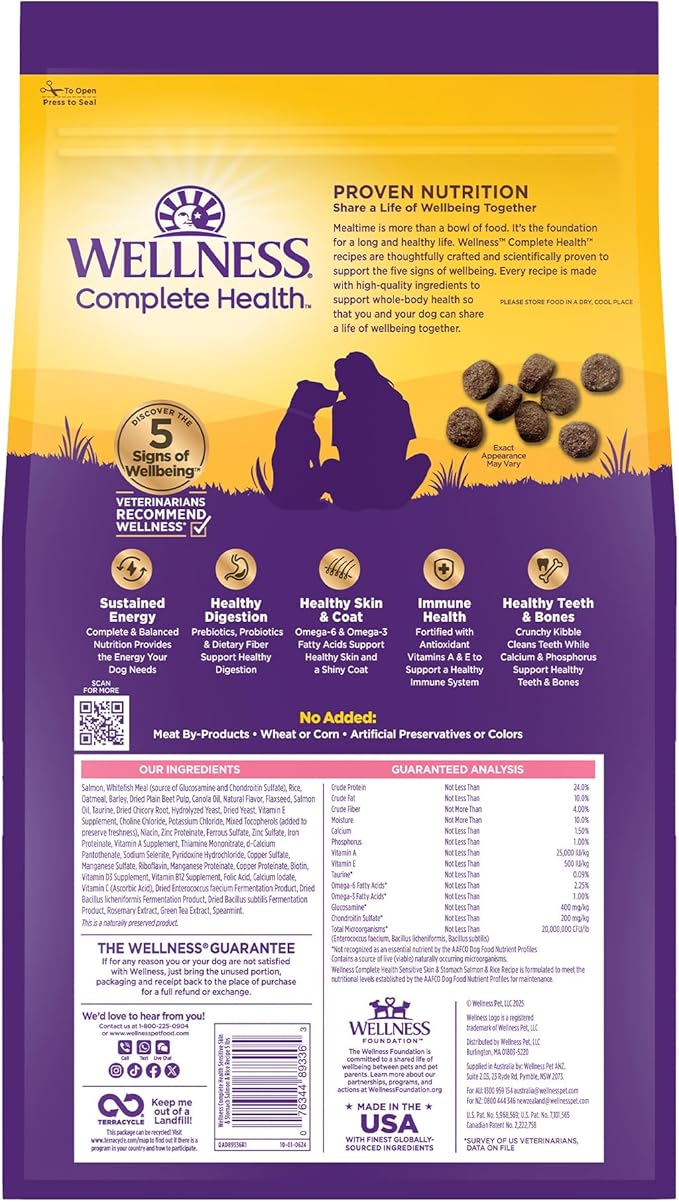 Wellness Complete Health Dry Dog Sensitive Skin & Stomach Salmon & Rice Adult at Purrfect Pet Kingdom