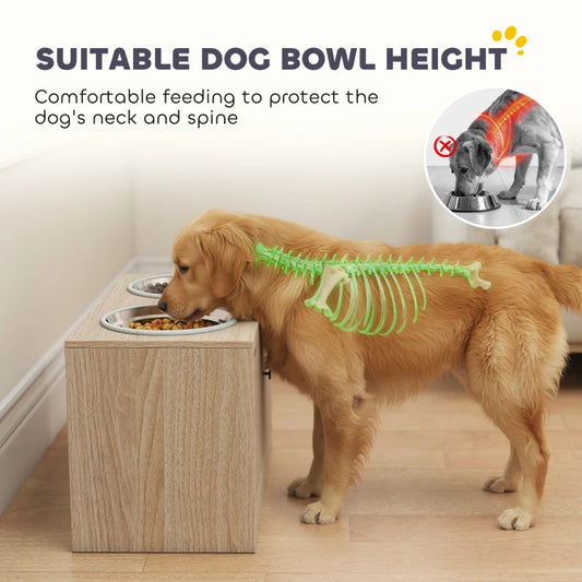 Purrfect Pet Kingdom light wood elevated ceramic feeder showing ergonomic neck and spine alignment for a golden dog.
