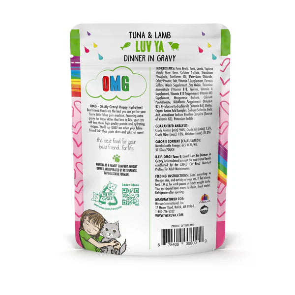 Close up view of Purrfect Pet Kingdom Stylish BFF OMG Adult Luv Ya Tuna and Lamb Wet Cat Pouch (3oz) For Kittens