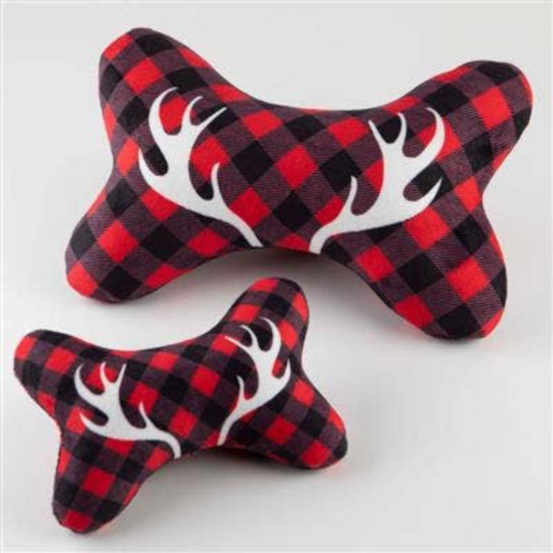 Red Buffalo Check with Antlers Plush Squeaker Holiday Bone Dog Toy