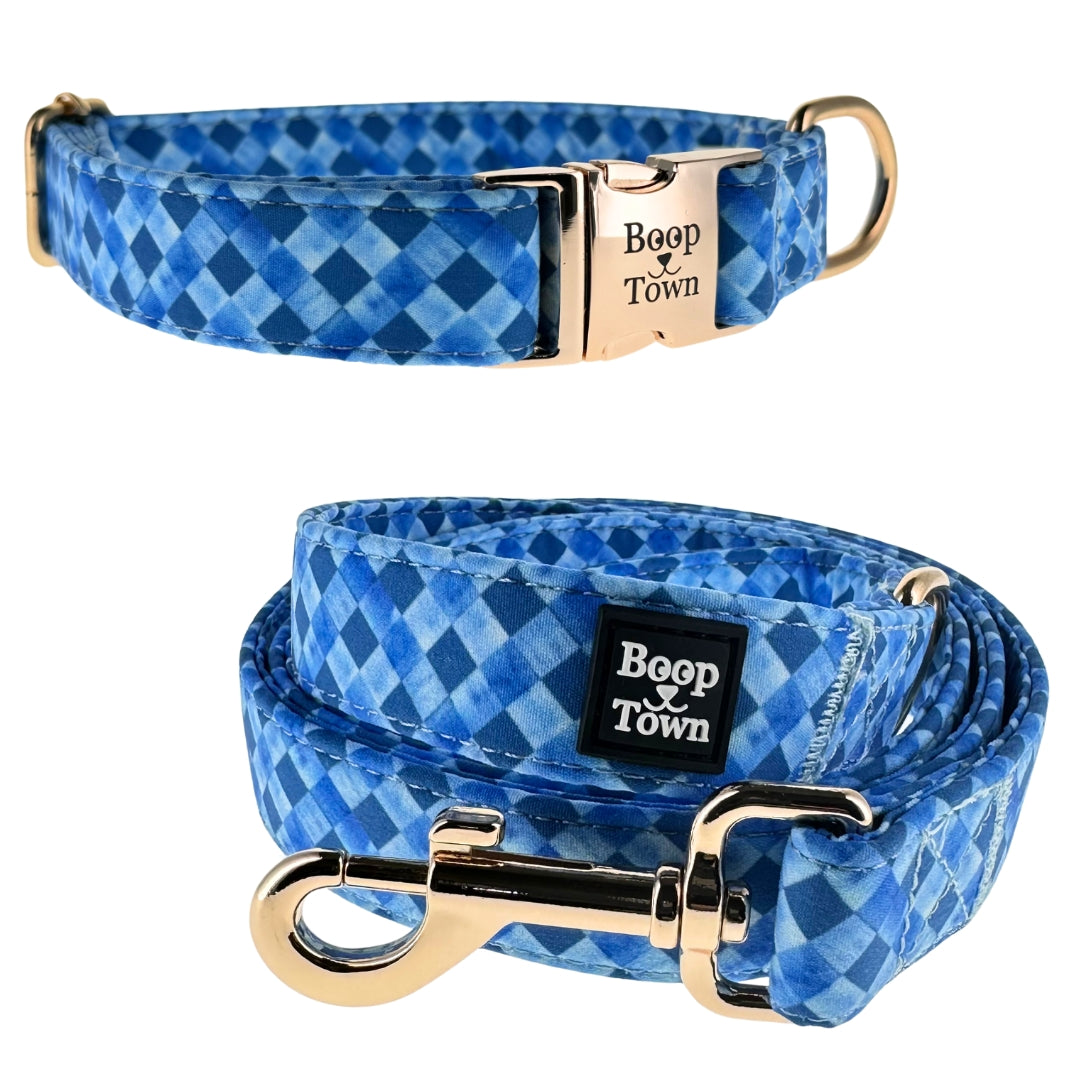 Dog Collar Leash Set Blue Checker Pattern 5.5oz ๐