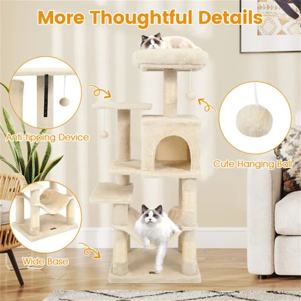 44-Inch Multi-Level Cat Tree Tower with Plush Top Perch Bed. Beige plush tower with cats, condo, and sisal posts.