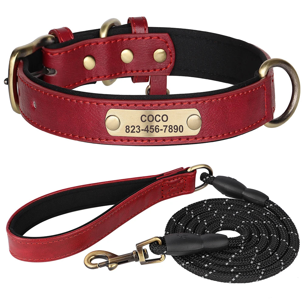 Personalized Dog Collar Leash Set Custom PU Leather Dogs Tag Collars Free Engraved Nameplate For Small Medium Large Dogs Pitbull