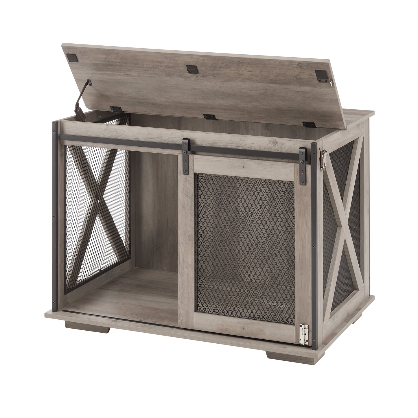 Farmhouse Dog Cage Crate Furniture with Sliding Barn Door, Farmhouse Wooden Dog Kennel End Table with Flip-top Plate Dog House - Purrfect Pet Kingdom