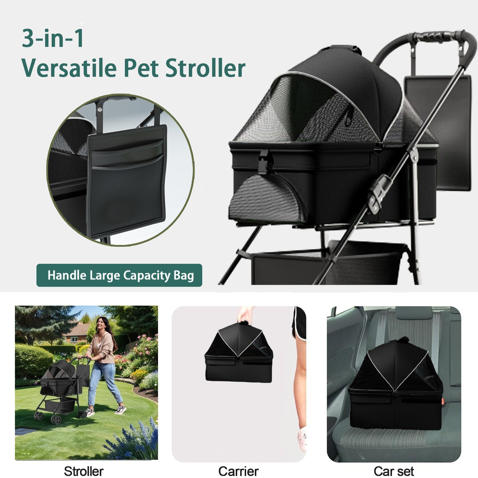 2-in-1 folding dog cart, pet folding cart, four-wheel dog/cat cart, waterproof pad, car seat, sun visor - Purrfect Pet Kingdom