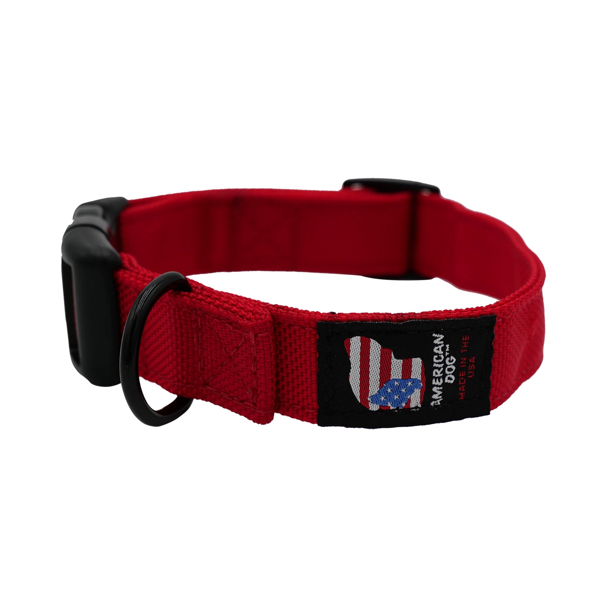 Red dog collar with a black buckle and 'American Dog' label on a white background