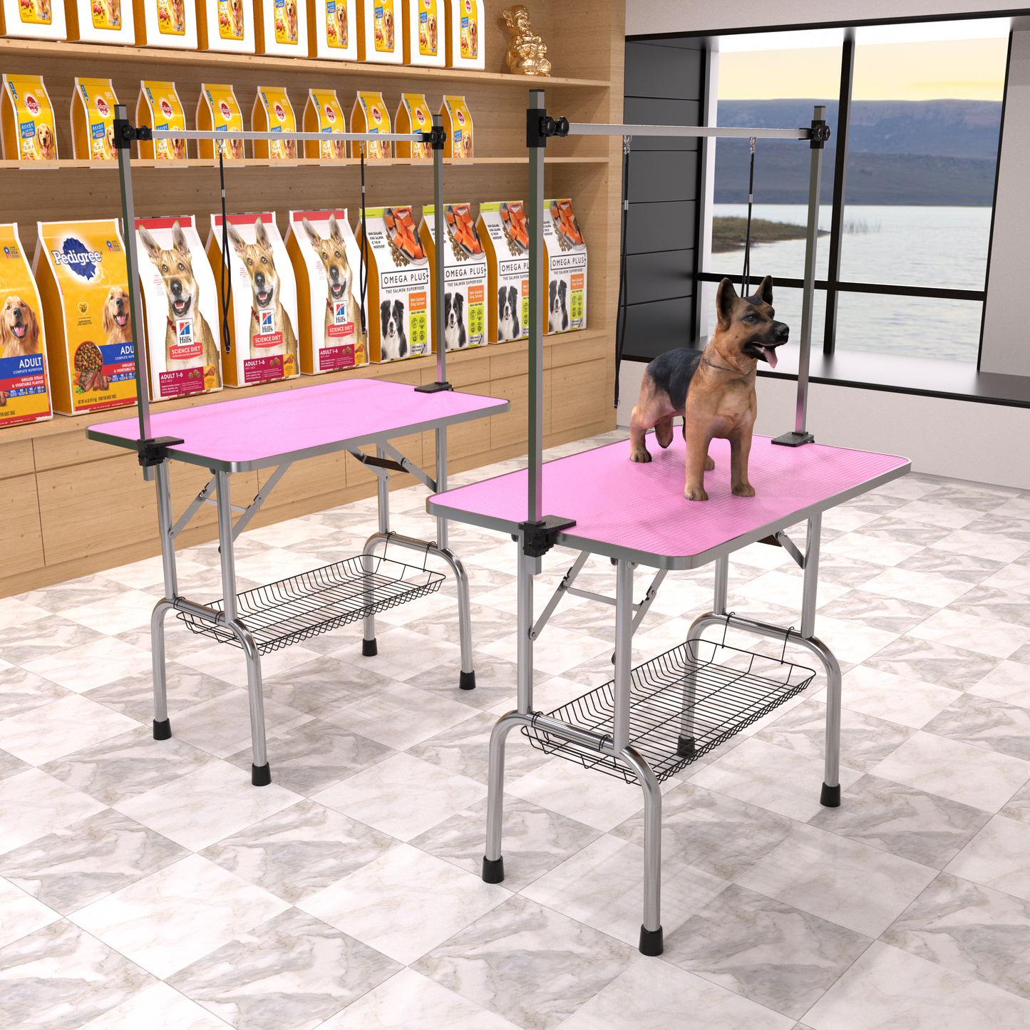 36 inch folding pet grooming table with stainless steel frame and rubber pad, equipped with adjustable armrests and clips (pink) - Purrfect Pet Kingdom