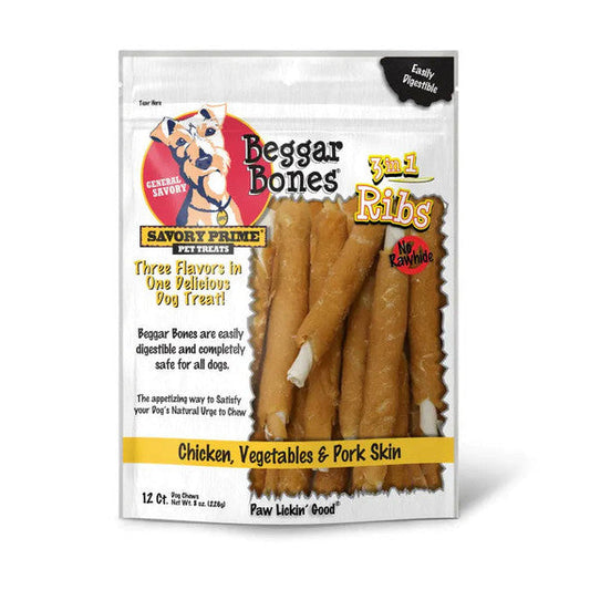 Savory Prime Beggar Bones 3in1 Ribs (12ct) (8oz) - Dog Treats - The Family Pet