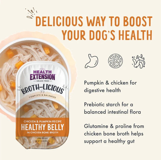 Health Extension Broth - Licious Healthy Belly Chicken & Pumpkin Bone Broth Topper (3.5oz) - Wet Dog Food - The Family Pet