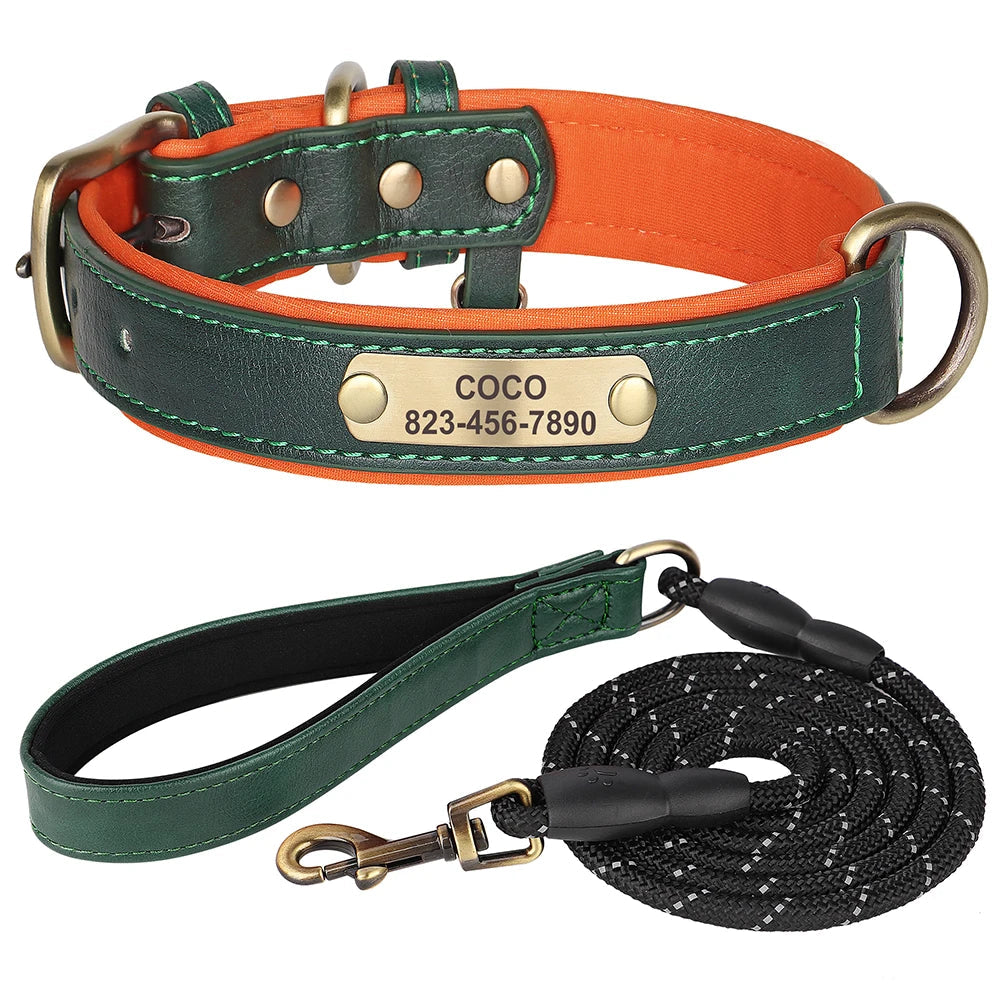 Personalized Dog Collar Leash Set Custom PU Leather Dogs Tag Collars Free Engraved Nameplate For Small Medium Large Dogs Pitbull