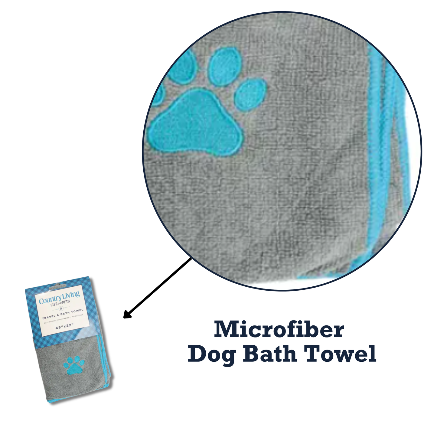 Country Living Large Gray Microfiber Dog Bath Towel with Teal Embroidered Paw Print - Purrfect Pet Kingdom