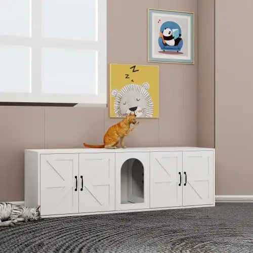 Modern Cat Litter Box Furniture With Double Room, Wooden Cat Litter Box Furniture With Cat Door - Ameraeon