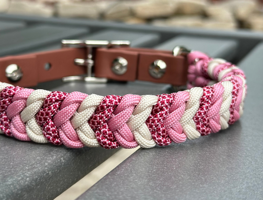Coiled Charm Hand Braided Dog Collar in Pink, Red Diamonds,