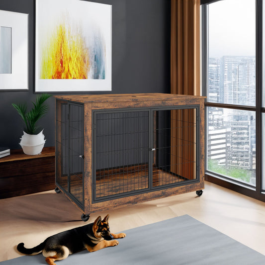 Furniture Style Dog Crate Side Table on Wheels with Double Doors and Lift Top. Rustic Brown, 43.7'' W x 30'' D x 31.1'' H.