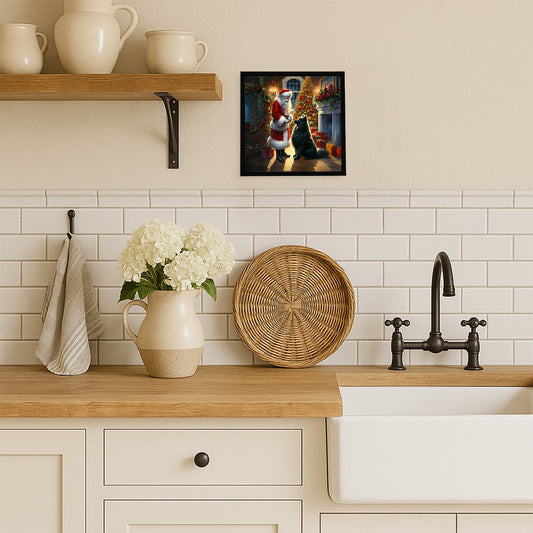 Belgian Sheepdog and Santa Claus Framed Metal Print