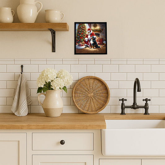 Bernese Mountain Dog and Santa Claus Framed Metal Print