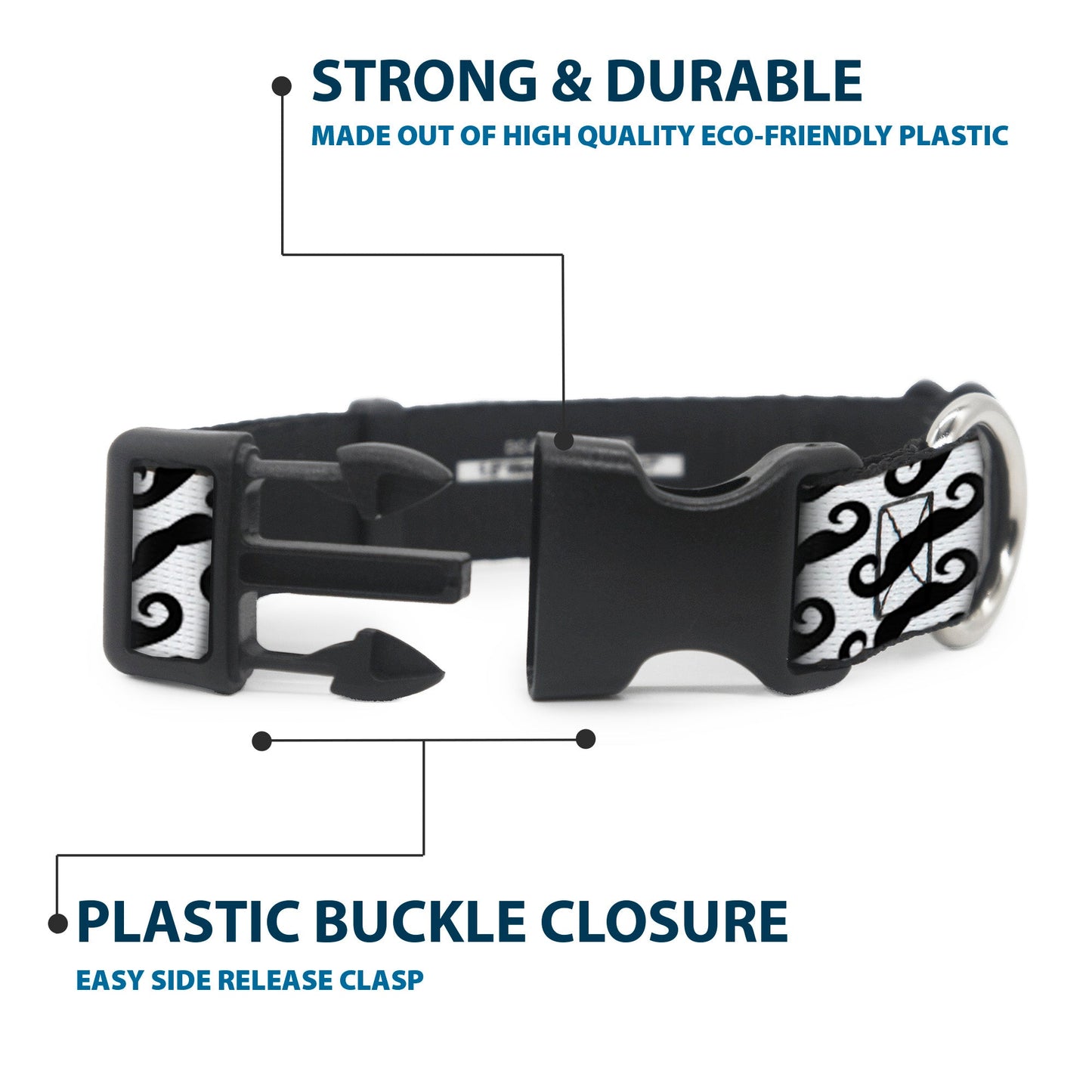 Plastic Clip Collar - Diagonal Handlebar Mustaches White/Black - Plastic Clip Collars - Buckle - Down