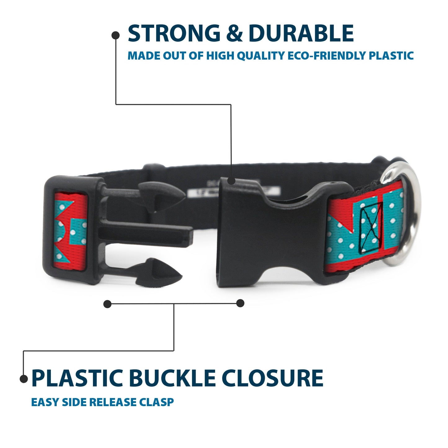 Plastic Clip Collar - BUCKLE - DOWN Shapes Red/Dot Turquoise/White - Plastic Clip Collars - Buckle - Down