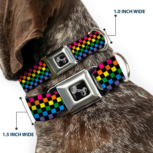 Dog Bone Seatbelt Buckle Collar - Checker Black/Neon Rainbow - Seatbelt Buckle Collars - Buckle - Down