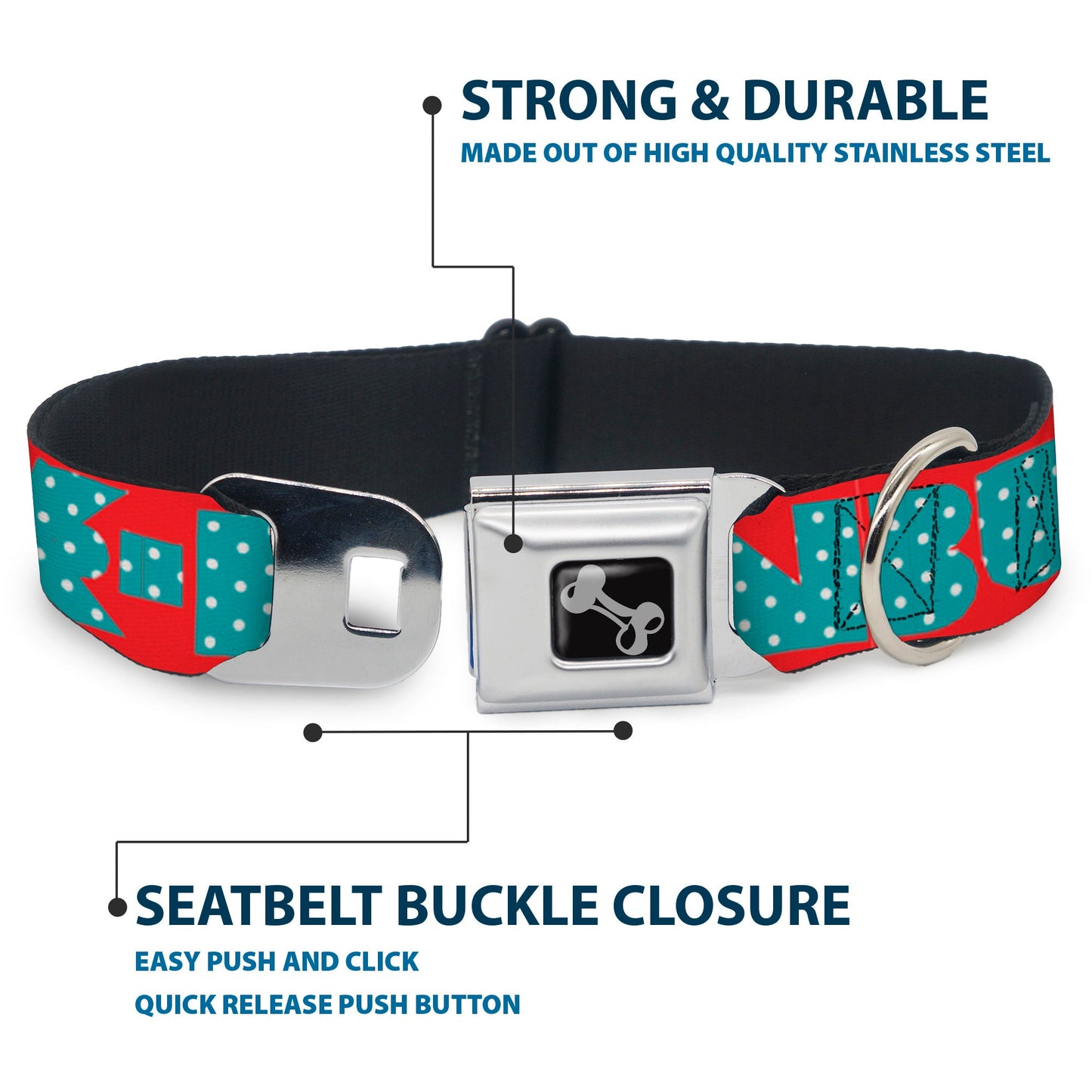 Dog Bone Seatbelt Buckle Collar - BUCKLE - DOWN Shapes Red/Dot Turquoise/White - Seatbelt Buckle Collars - Buckle - Down