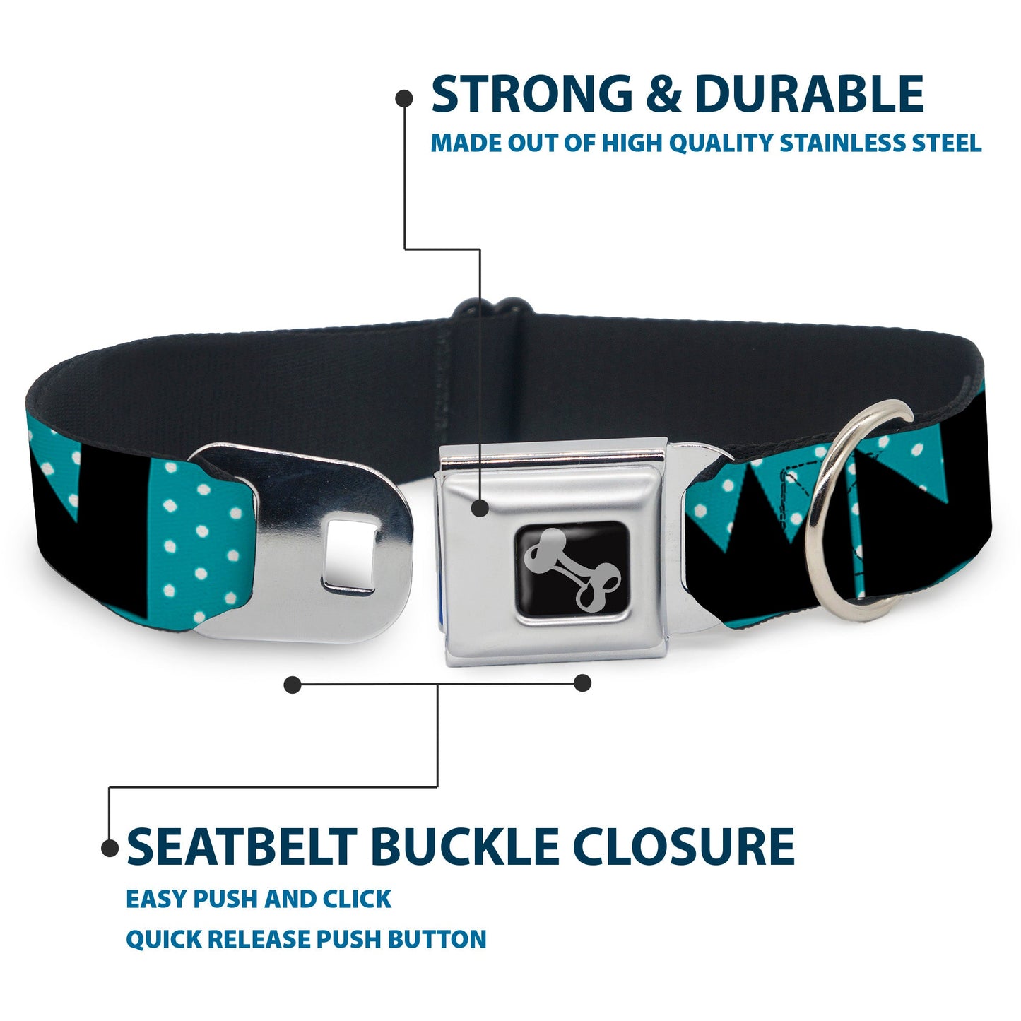 Dog Bone Seatbelt Buckle Collar - BUCKLE - DOWN Shapes Dot Turquoise/White/Black - Seatbelt Buckle Collars - Buckle - Down