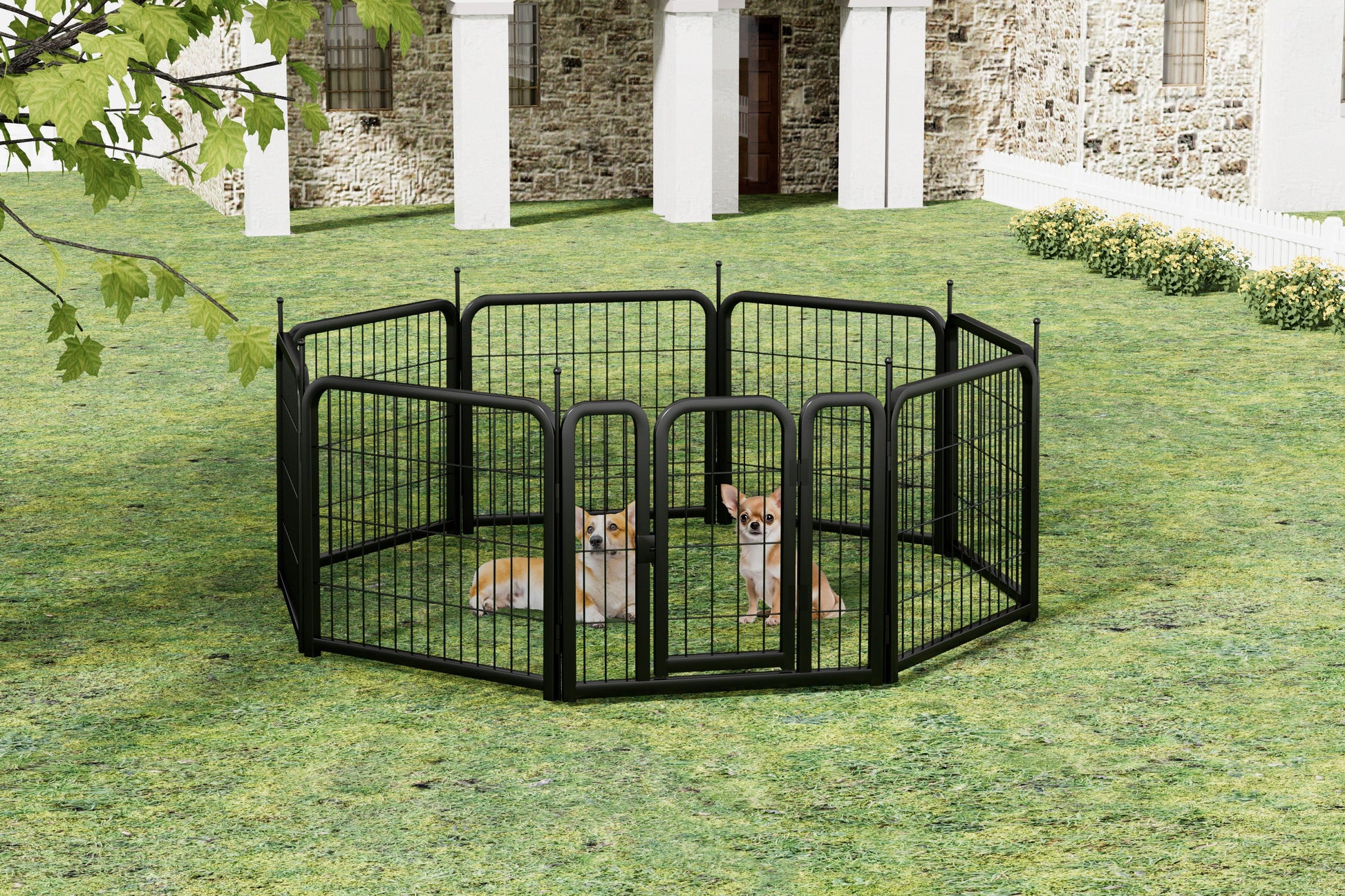 8-panel dog fence, 24 inch small dog pet fence, portable indoor pet game fence. Black, 22.2 inches wide x 23.6 inches high. - Purrfect Pet Kingdom