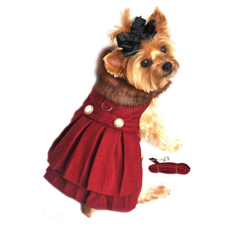 Wool Blend Burgundy Faux Fur Collar Classic Dog Harness Coat with matching Leash