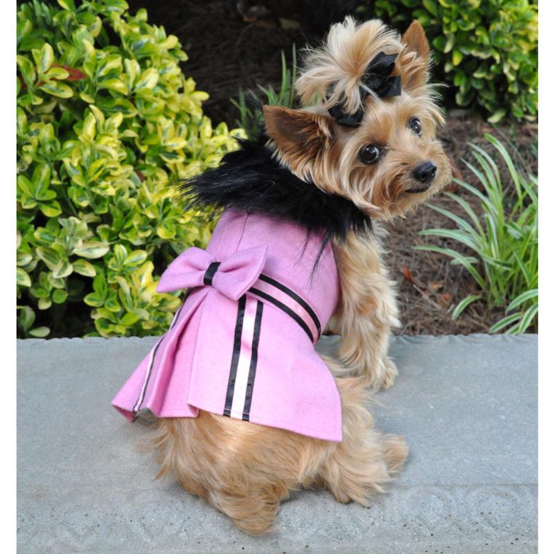 Wool Blend Pink Faux Fur Collar Classic Dog Harness Coat with matching Leash