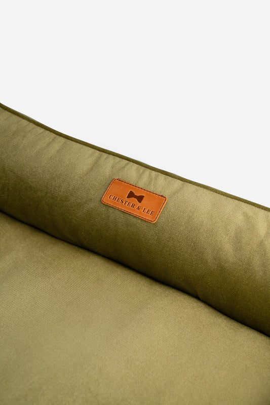 Pet Bed Vibrant Velvet Sleeper Olive Bolster