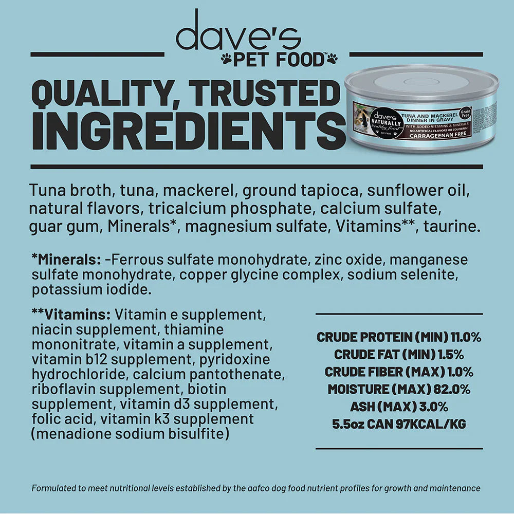 Daves Naturally Healthy Grain Free Grilled Tuna & Mackerel Dinner In Gravy Wet Cat Food (5.5oz)