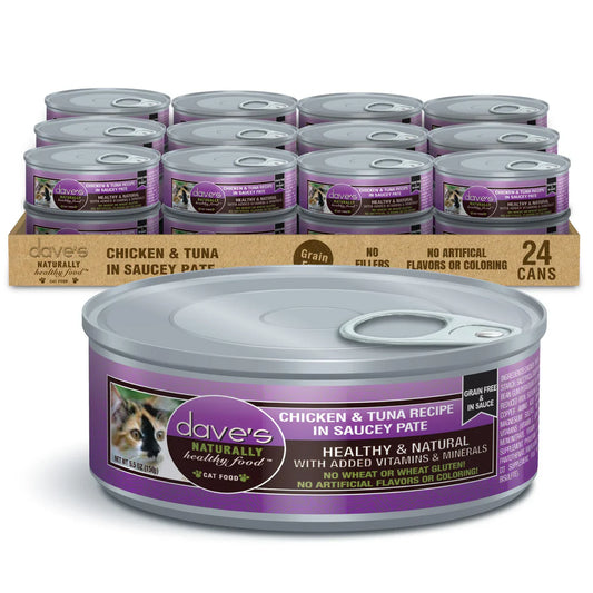 Dave's Naturally Healthy Grain Free Chicken & Tuna Recipe in Saucey Paté Wet Cat Food (5.5oz) - Dave's Naturally Wet Cat Food - The Family Pet