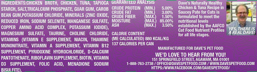 Daves Naturally Healthy Grain Free Chicken & Tuna Recipe in Saucey Paté Wet Cat Food (5.5oz)