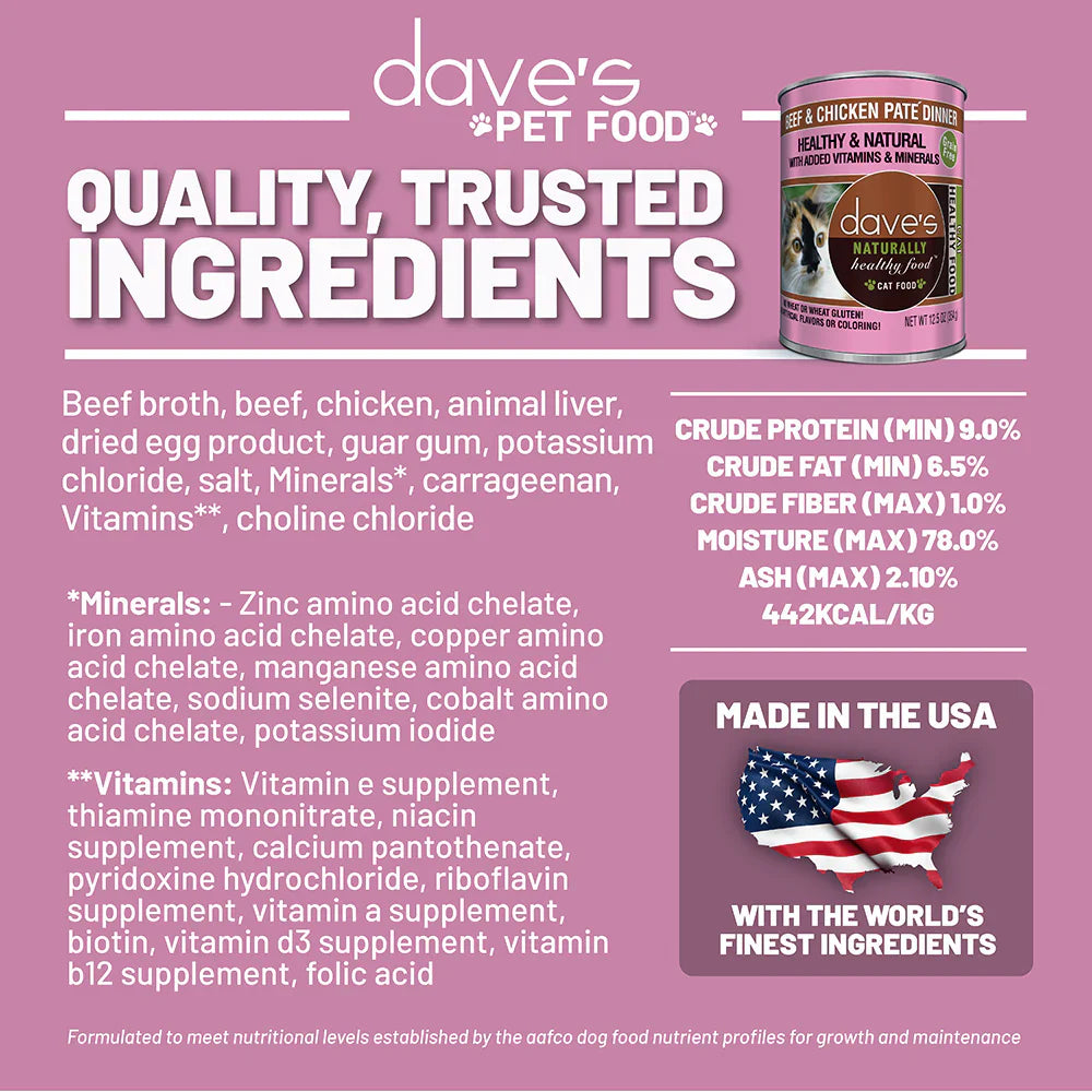 Dave's Naturally Healthy Beef & Chicken Dinner Paté Wet Cat Food (12.5oz) - Dave's Naturally Wet Cat Food - The Family Pet