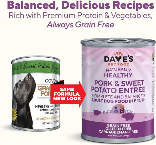 Dave's Grain Free Pork & Sweet Potato Entrée For Dogs (13.2oz) - Dave's Natually Wet Dog Food - The Family Pet