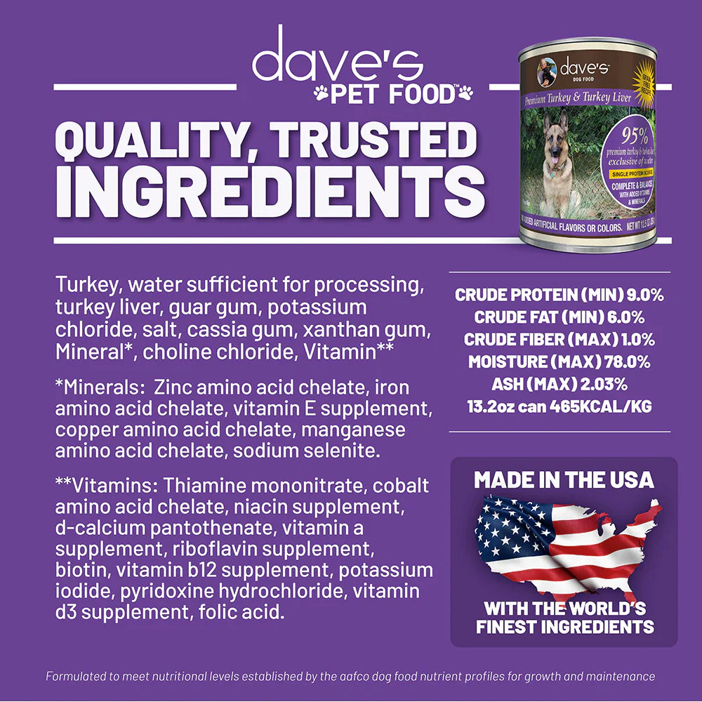 Dave's 95% Premium Meats™ Turkey & Turkey Liver For Dogs (12.5oz) - Dave's Natually Wet Dog Food - The Family Pet