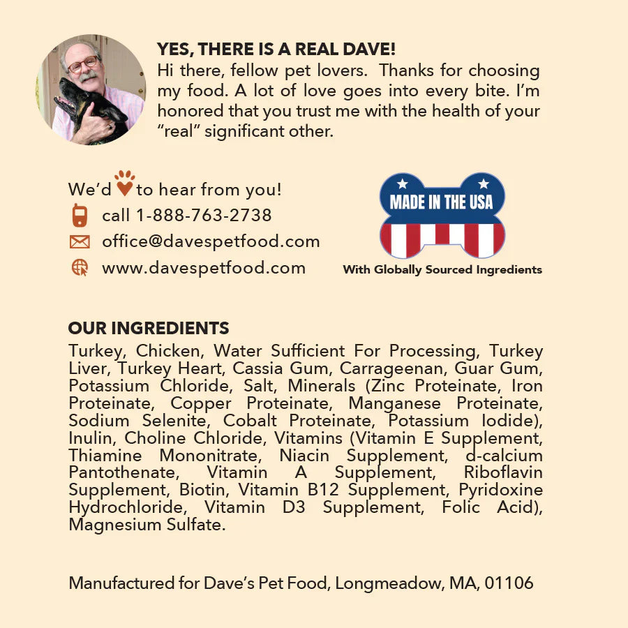 Dog Food Wet 95% Turkey Chicken 12.5oz Dave's Premium ๐ฆ