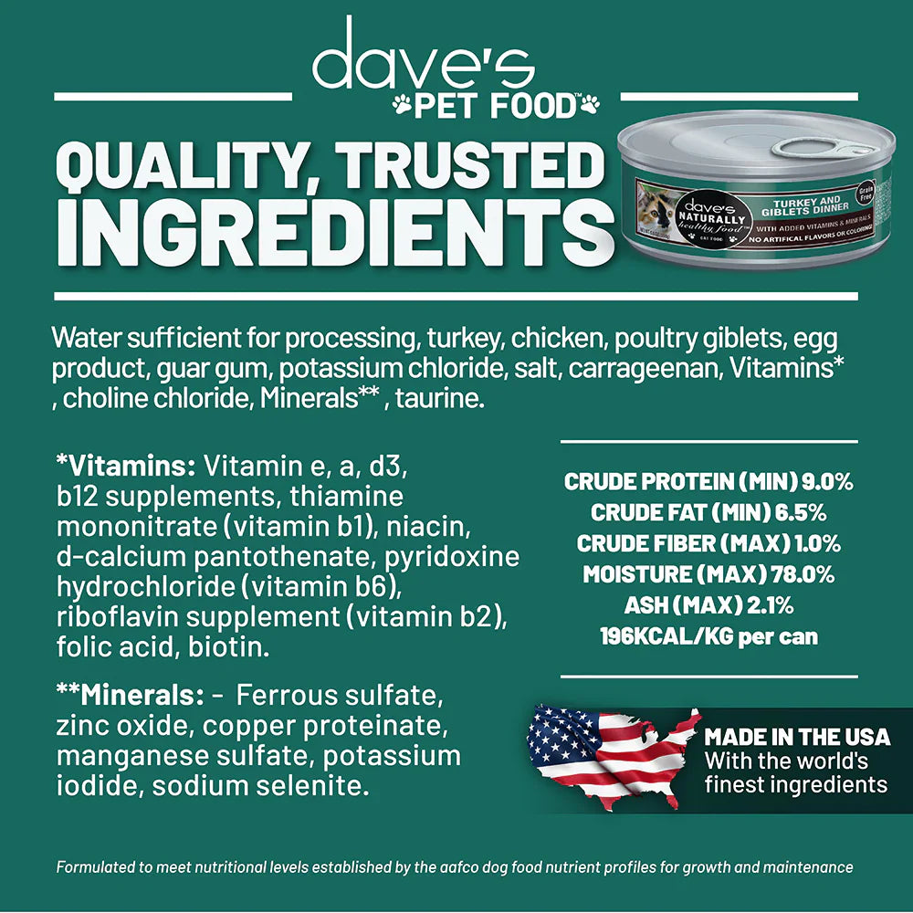 Daves Naturally Healthy Grain Free Turkey & Giblets Dinner Wet Cat Food (5.5oz)