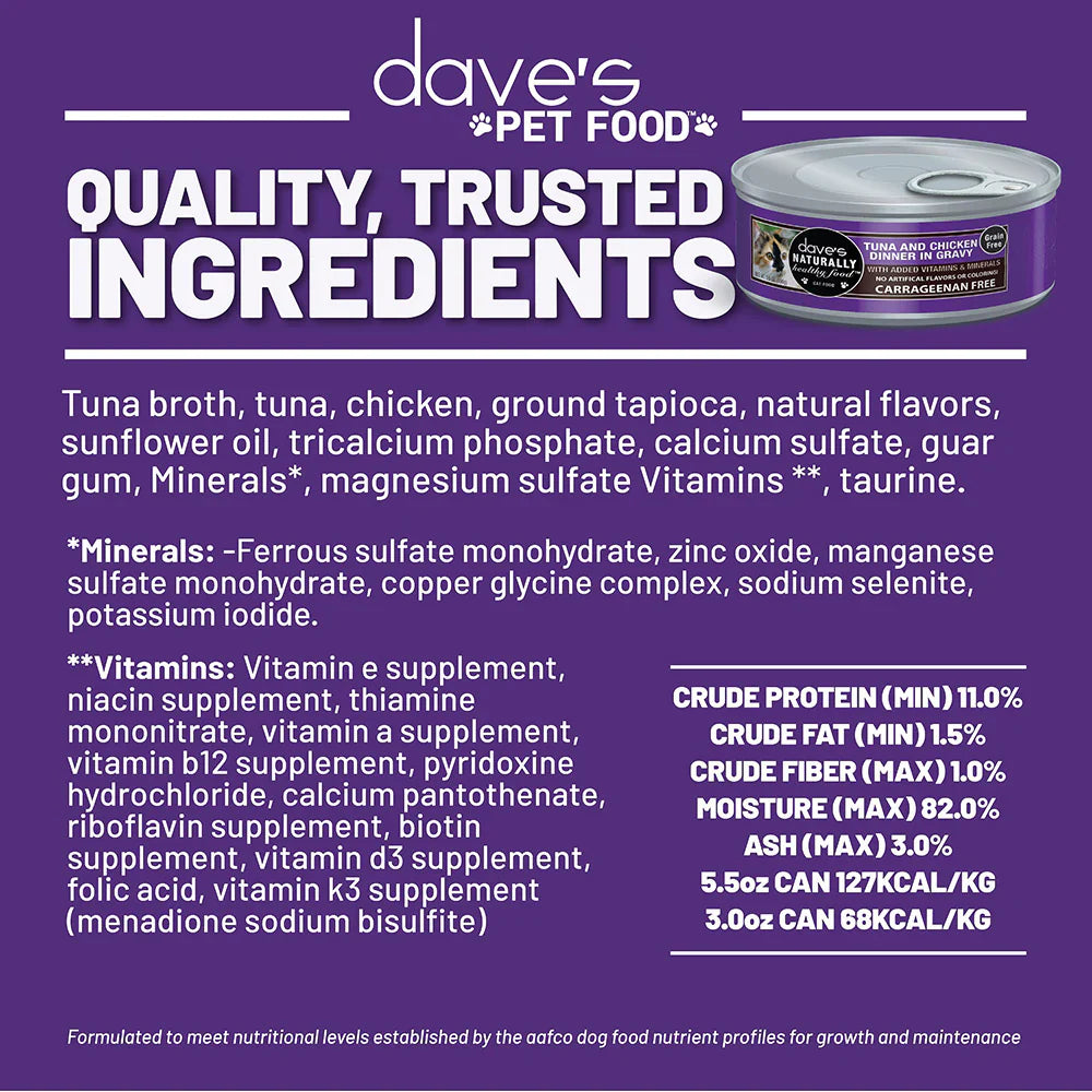 Dave's Naturally Healthy Grain Free Tuna & Chicken Dinner in Gravy Wet Cat Food (5.5oz) - Wet Cat Food - The Family Pet