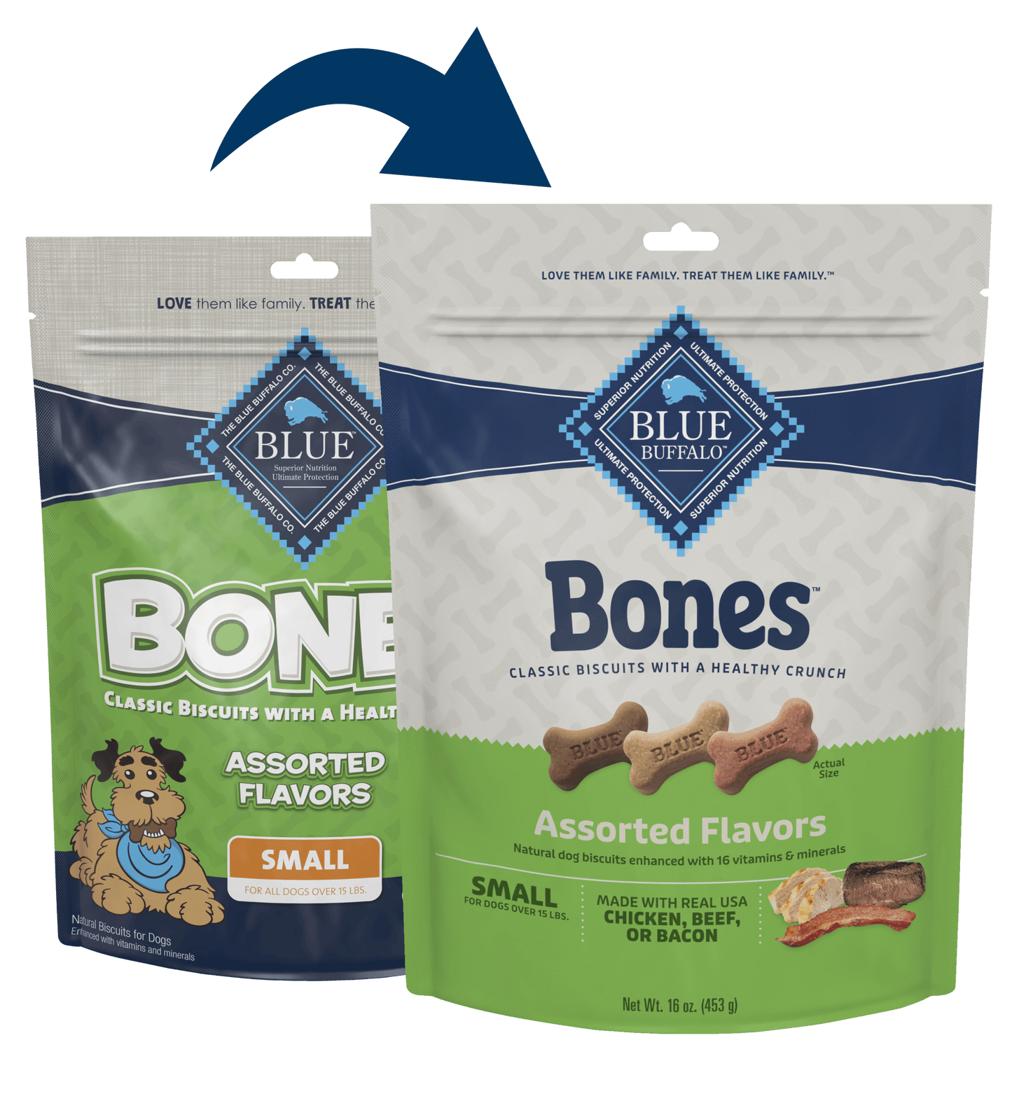 Close up view of Purrfect Pet Kingdom Eco-Friendly Blue Buffalo Blue Bones Crunchy Dog Biscuits Small Bones For Pets