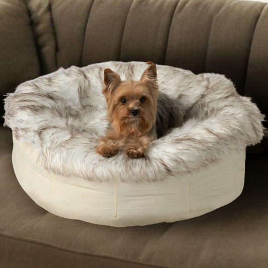 PupPoufT Faux Fur Donut Dog Bed - White with Brown Accents - detail view