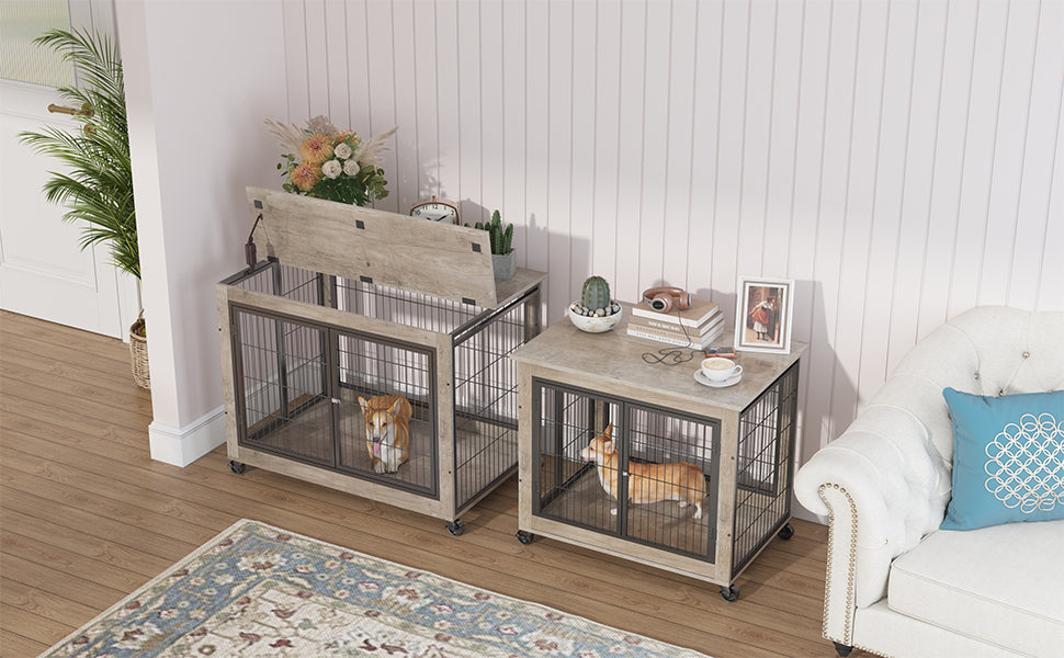 Furniture Style Dog Crate Side Table on Wheels with Double Doors and Lift Top.Grey,38.58''w x 25.5''d x 27.36''h - Purrfect Pet Kingdom