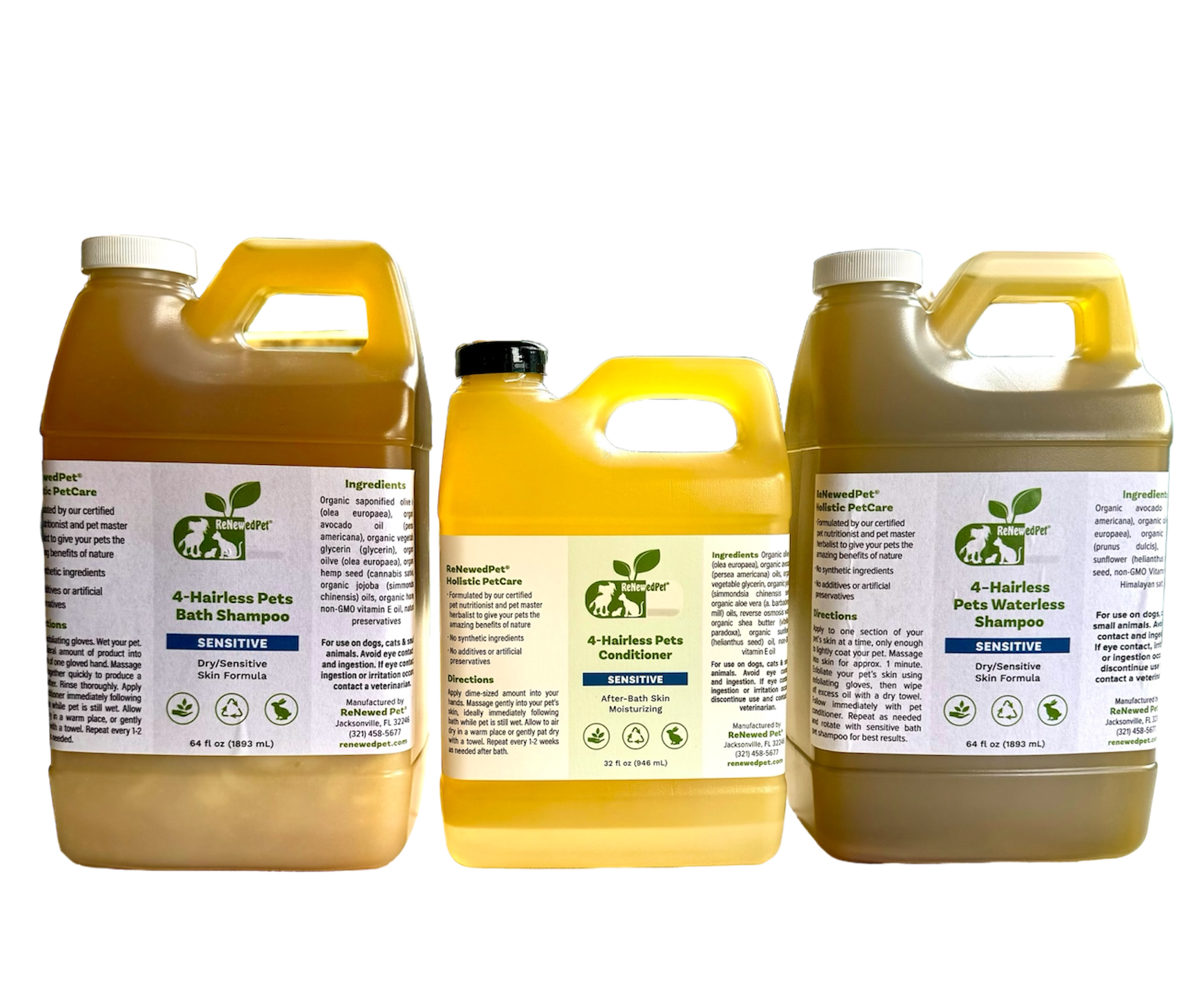 4 - HAIRLESS PETS SENSITIVE SHAMPOO, WATERLESS & CONDITIONER KIT - 4 Nudie Pets - ReNewedPet