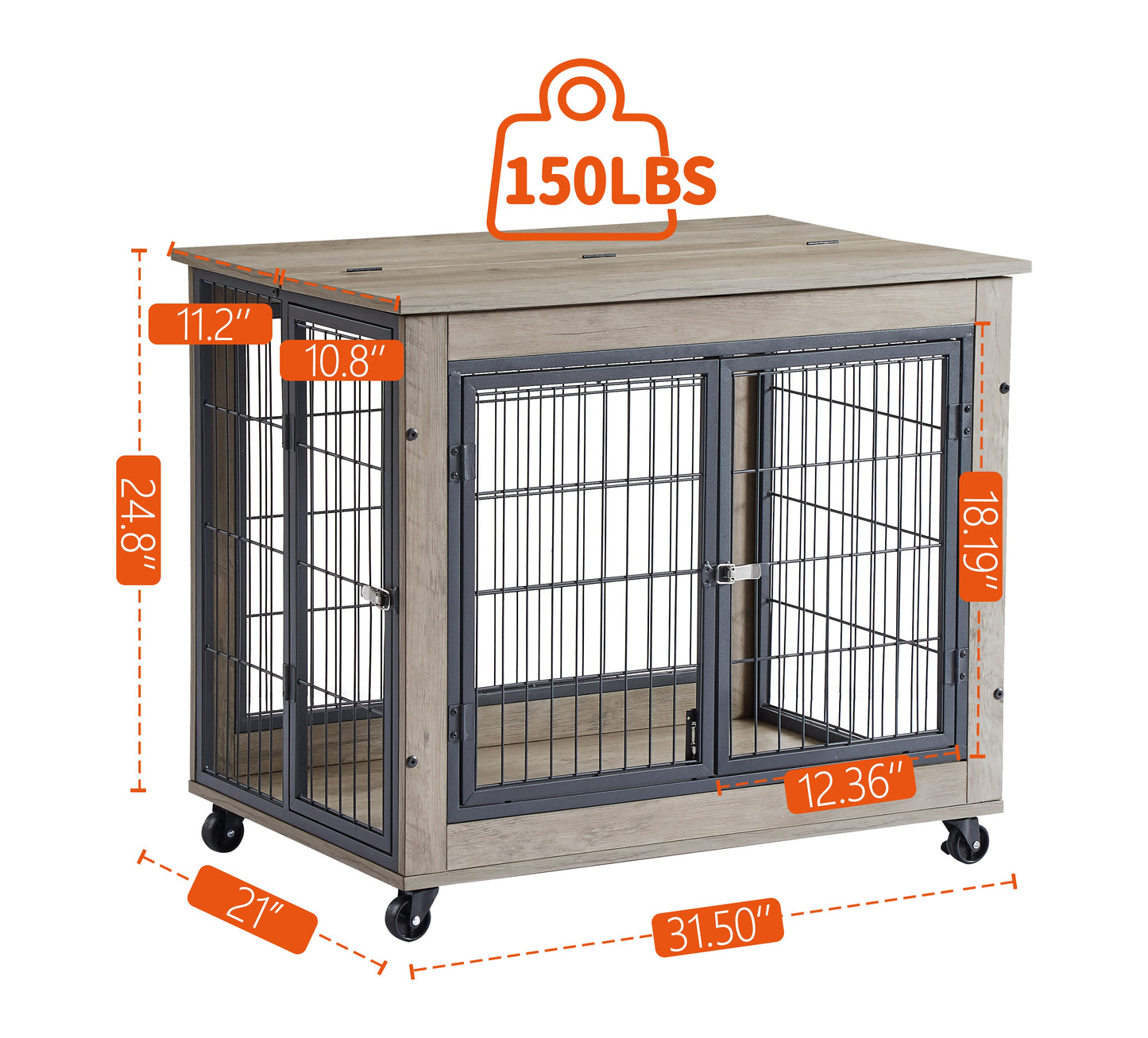Furniture Dog Cage Crate with Double Doors on Casters. Grey, 31.50'' W x 22.05'' D x 24.8'' H. - Purrfect Pet Kingdom