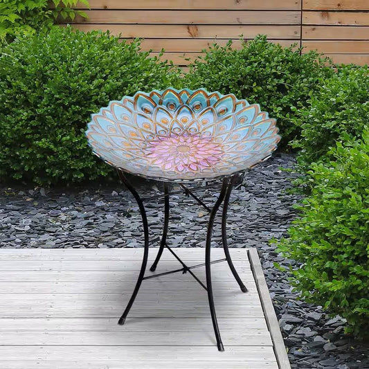 Bird Bath – 18" Peacock Glass Mosaic Flower Bowl & Stand